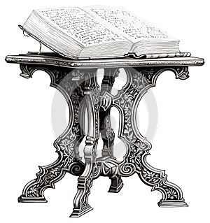 Koran on stand sketch. Old holy islamic book quran on carved wooden table hand drawn vector illustration, islam praying