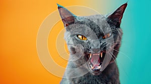 Korat, angry cat baring its teeth, studio lighting pastel background