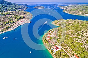 Korcula island. Bay entrance of Vela Luka aerial view