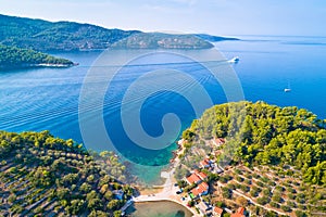 Korcula island. Bay entrance of Vela Luka aerial view