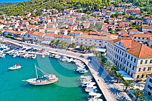 Korcula. Town of Vela Luka on Korcula island waterfront aerial view