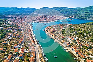 Korcula. Town of Vela Luka on Korcula island waterfront aerial view