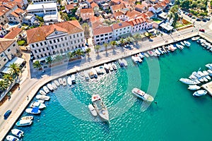 Korcula. Town of Vela Luka on Korcula island waterfront aerial view