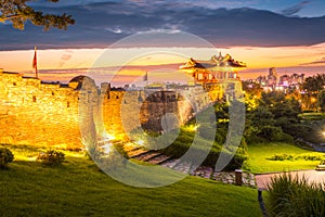 Korea landmark and park after sunset, Traditional Architecture at Suwon, Hwaseong Fortress in Sunset, South Korea