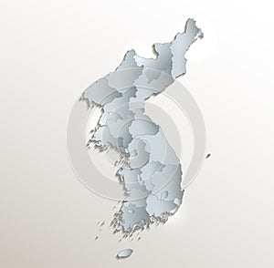 Korea map north and south, administrative division, white blue card paper 3D blank