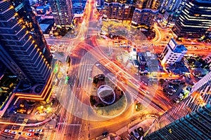 Korea,Night traffic speeds through an intersection in Seoul,Kore