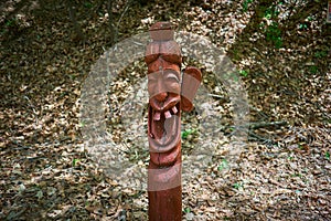 Korea`s smiling female totem pole in Sanjeong Lake of Pocheon, South Korea.