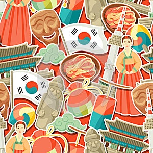 Korea seamless pattern. Korean traditional sticker symbols and objects