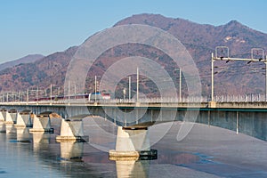 Korea Subway and Bridge at Hanriver in Seoul, South korea