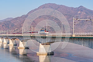 Korea Subway and Bridge at Hanriver in Seoul, South korea.