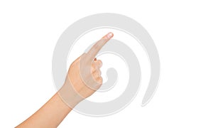 Korean,asian finger point isolated white background. woman hand