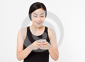 Korean,asian woman reads good news on mobile phone, girl hold white smartphone, copy space