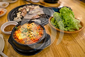 Korean Barbecue, where you could grill your own selected meat, and have side dishes such as the kimchi soup.