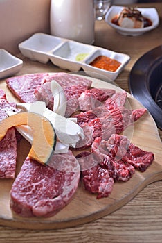 Korean BBQ chilly raw beef slice platter
