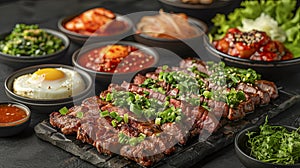 Korean BBQ Feast with Marinated Meats, Fresh Sides, Kimchi, and Spicy Sauces on a Black Table