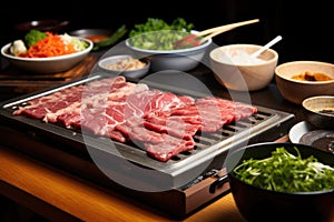 korean bbq set with raw marinated beef