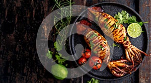 Korean BBQ squid calamary and ingredients on dark background. Traditional korean dish - grilled squid stuffed with onion