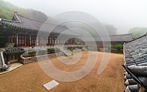 Korean Buddhistic Temple Daeseong-Am, near Beomeosa on a foggy day. Located in Geumjeong, Busan, South Korea, Asia