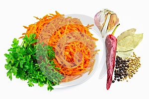 Korean carrots with parsley, pepper, garlic bay leaf, still life