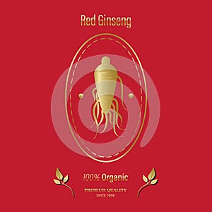 Korean or Chinese red ginseng root, Text label in Korean cultivated ginseng. Ginseng symbol for Korean cosmetics, Chinese medicine