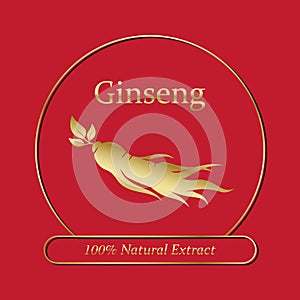 Korean or Chinese red ginseng root, Text label in Korean cultivated ginseng. Ginseng symbol for Korean cosmetics, Chinese medicine