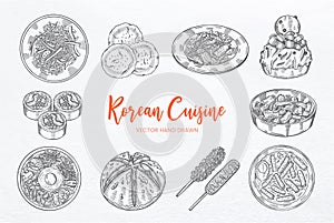 Korean cuisine set collection with hand drawn sketch vector