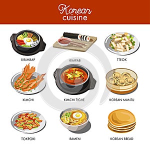 Korean cuisine traditional dishes flat icons.
