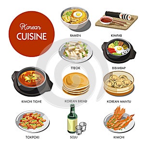 Korean cuisine traditional dishes flat icons.