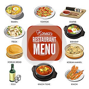 Korean cuisine traditional dishes vector flat icons set