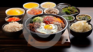 The Korean dish Bibimbap is rice with vegetables and meat.