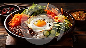 The Korean dish Bibimbap is rice with vegetables and meat.