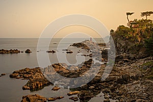 Korean East coast shore at dusk. Uisangdae Pavilion near Naksan beach.