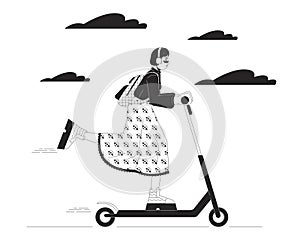 Korean fashionable woman riding electric scooter black and white cartoon flat illustration