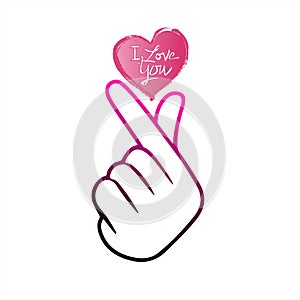 Korean Finger Heart `I Love You` Hangul Vector illustration. Korean symbol hand heart, a message of love hand gesture. Sign icon s