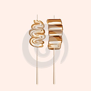 Korean fish cake skewers. Vector illustrations set. Korean street food. Illustration for restaurant menu. Side view. Vector