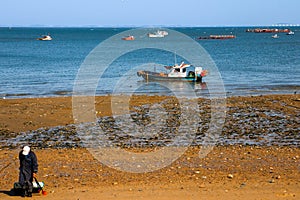 Korean fisherman leaving the fishing boat. Gyoro-ri, Seongmun-myeon, Dangjin-si, South Korea