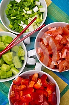 Korean food bowls with vegetables
