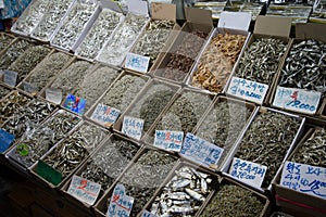 Korean food, dried fish specialities. Food market display