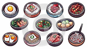 The Korean food icon illustration depicts a combination of rice, noodles, kimchi, bulgogi, and gimbap asian cuisines in photo