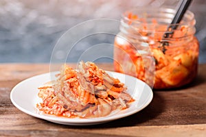Korean food, kimchi cabbage on white dish