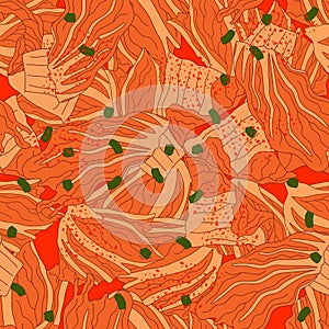Korean food Kimchi seamless pattern background. Traditional Korean side dish of salted and fermented vegetables. Hand drawn vector photo