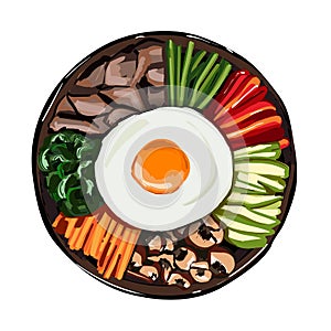 Korean food, Mixed Rice Bibimbab on white background. Illustration for restaurant menu. Top view. Vector illustration.