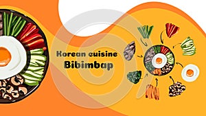 Korean food, Mixed Rice Bibimbab on white background. Illustration for restaurant menu. Top view. Vector illustration