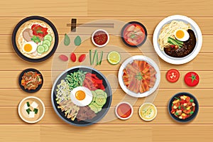 Korean food set on top view wooden table background photo