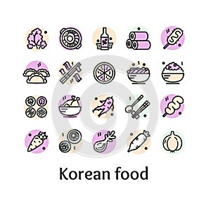 Korean Food Sign Color Thin Line Icon Set. Vector