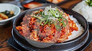 korean food, stir fried kimchi with pork and rice kimchee, Homemade Korean food. AI Generative