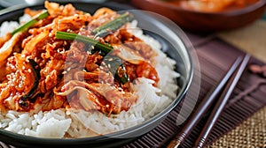 korean food, stir fried kimchi with pork and rice kimchee, Homemade Korean food. AI Generative