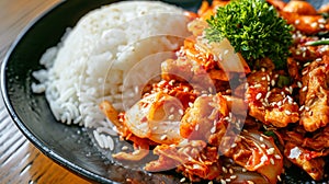 korean food, stir fried kimchi with pork and rice kimchee, Homemade Korean food. AI Generative