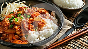 korean food, stir fried kimchi with pork and rice kimchee, Homemade Korean food. AI Generative