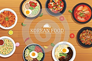 Korean food on a wooden table background. Vector illustration to